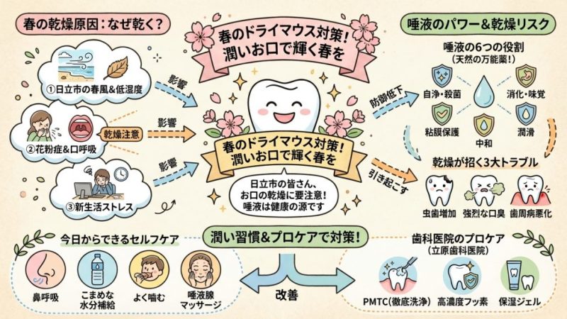 春の乾燥に注意！お口の渇きが虫歯や口臭の原因に？【日立市の歯科医が徹底解説】 
